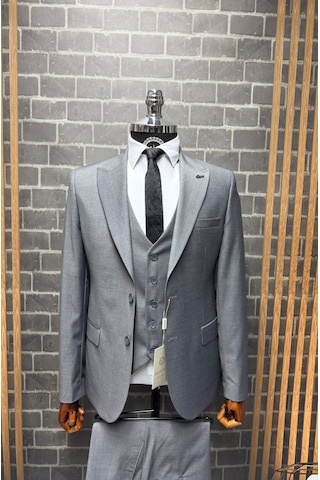 Dupont Classics Erkek Slim Fit 6 Drop Sivri Yaka Yelekli Poliviskon Çift Yırtmaç Takım Elbise Gri