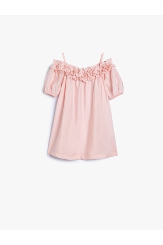 Koton Elbisesi Düşük Omuz Askılı Kısa Kollu Çiçek Aplikeli Pembe 4smg80091aw Pembe