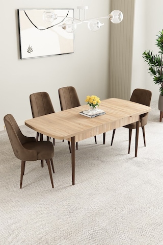 Mabel Meşe Desen 80x132 Mdf Açılabilir Mutfak Masası Takımı 4 Adet Sandalye Kahverengi