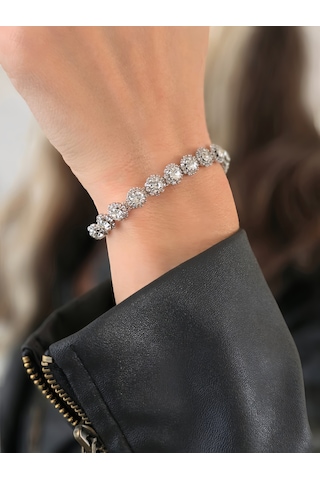 Eva Takı Store Çiçek Model Elmas Görünümlü Silver Renk Bileklik Gümüş