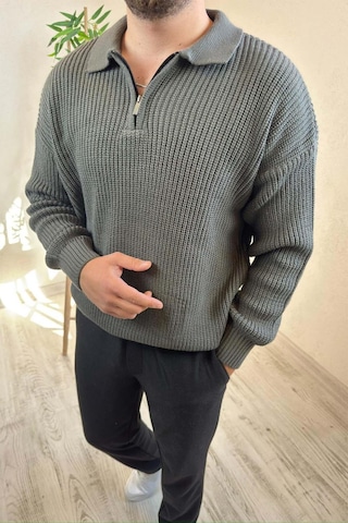 Erkek Gri Fermuarlı Polo Yaka Oversize Triko Kazak Gri