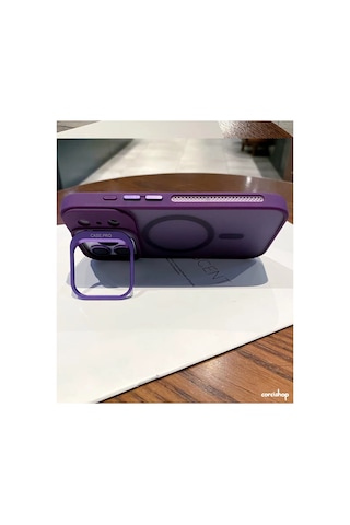 İphone 17 Uyumlu Kılıf Açılır Kamera Stand Magsafeli Mat Renkli Şeffaf + Lens Koruyucu Set Lacivert