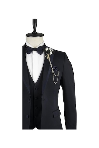 İmza Desenli Armürlü Mono Yaka Astarlı Yelekli 6 Drop Slim Fit Dar Kesim Smokin Damatlık 1001220202-Koyu Lacivert