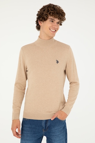 U.S. Polo Assn. Erkek Slim Fit Yarım Boğazlı Kum Melanj Basic Kazak 50293499-VR123