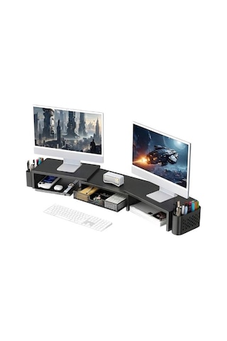 Temel Siyah Çift Monitör Yükseltici Stand Çekmeceli Masaüstü Organizer 9216