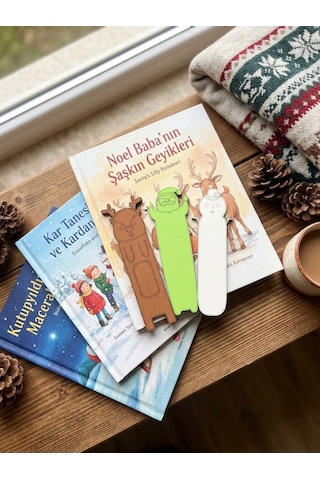 Yılbaşı Hediyelik Ahşap Kitap Ayracı Seti 3 Adet - Sevimli Yılbaşı Karakterleri Kitap Tutucu