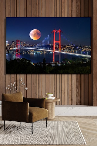 Yatay Kanvas Tablo Tekli Ev Kafe Ofis 15 Temmuz Şehitler Köprüsü Gece Dolunay Manzarası 2369