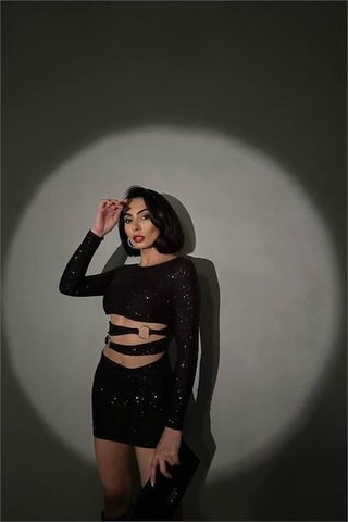 Dip Moda Kadın Siyah Halka Detyalı Mini Pul Payet Elbise Dpnbdf106 Siyah