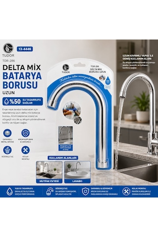 Tudor Tdr-286 Kuğu Uzun Delta Mix Batarya Borusu - Evye Ve Lavabo, Krom Kaplama, Süzgeçli Uç, Vakumlu