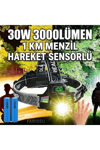 Ultra Güçlü 30w Led Sensörlü Kafa Lambası - 3000 Lümen, Dijital Şarj Göstergeli, Type-c Şarjlı Siyah