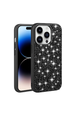 Apple Uyumlu iPhone 14 Pro Max Uyumlu Parlak Taşlı Tasarım Zore Linea Kılıf-siyah Siyah -