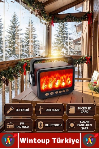 Premium Retro Dekoratif Ahşap Görünüm Led Nostaljik Şömine Tasarımlı Solar Şarjlı Bluetooth Hoparlör