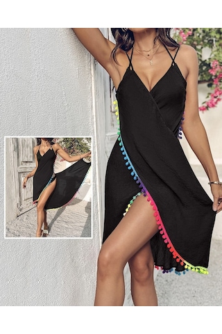 Kadın Askılı Derin V Yakalı Çapraz Geçmeli Ponponlu Bürümcük Pareo Siyah