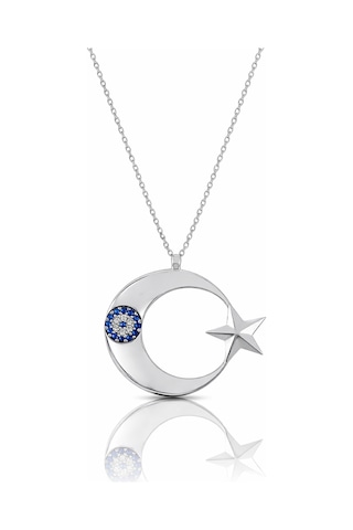 Çekirdekjewelry 925 Ayar Gümüş Ay Yıldız Kolye Nazar Boncuk Taşlı, Parlak Rodyum Kaplama Gümüş