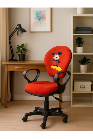 Mickey Mouse Baskılı Turuncu Çocuk Çalışma Sandalyesi Döner Koltuk, Yükseklik Ayarlı Koltuk Turuncu