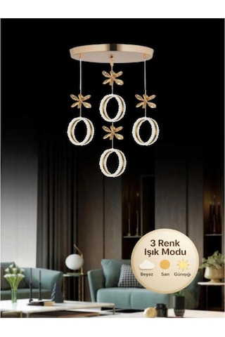 Zero Model 4"lü Kristal Taşlı Gold 3 Renk Modu Ledli Salon Mutfak Oturma Odası Sarkıt Led Avize Metalik