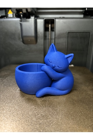 3d Baskı Sarılan Kedi Saksı - Sevimli Dekoratif Saksı - Mavi -