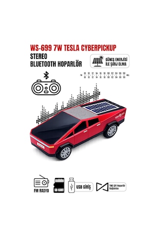 Ws-699 Cybertruck Model Bluetooth Hoparlör Tws Stereo Güneş Enerjili Şarj Usb / Tf Kart / Aux / Fm Radyo