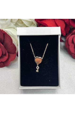 Açılabilir Kalp Ve Zirkon Taşlı Anahtar Kadın Kolyesi 925 Ayar Gümüş Zincirli Rose Gold Kaplama Gümüş