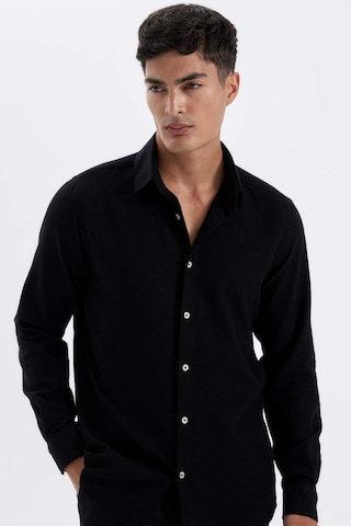 Defacto Siyah Modern Fit Modern Kesim Polo Yaka Düz Pamuklu Uzun Kollu Gömlek D1629AX24AUBK81 Siyah