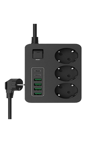 3 Lü Akım Korumalı Grup Priz 4 Usb + 2 Usb-c Çıkışlı, 2 Metre Kablolu, Çocuk Korumalı, Açma Kapama Anahtarlı 2 M
