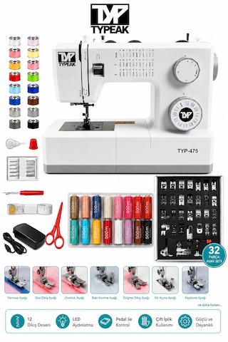 Typeak 34 Desenli Ev Tipi Dikiş Makinası Düz Dikiş Zigzag Dekoratif Dikiş Ayak Ve İp Setli Beyaz