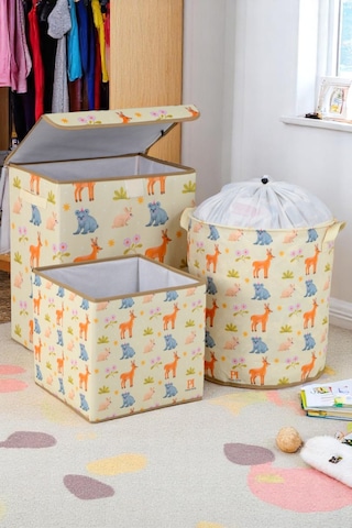 İronika Animals Dolap İçi Organizer Oyuncak Kutusu Eşya Çamaşır Saklama Sepeti Düzenleyici Kutu 3lü Set Ekru