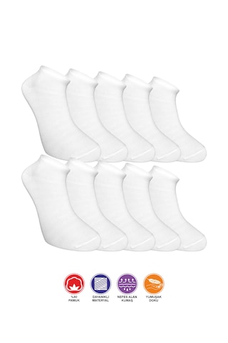 10 Çift Desensiz Düz Sade Erkek Patik Pamuk Beyaz Çorap - Bilek B Beyaz