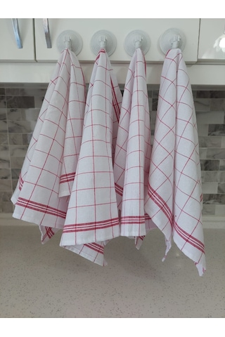 Pamuklu Beyaz Kırmızı Çizgili Renkli 4'lü Kurulama Bezi,peçete