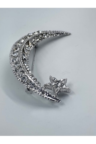 Taşlı Hilal Ve Yıldız Model Broş Gümüş