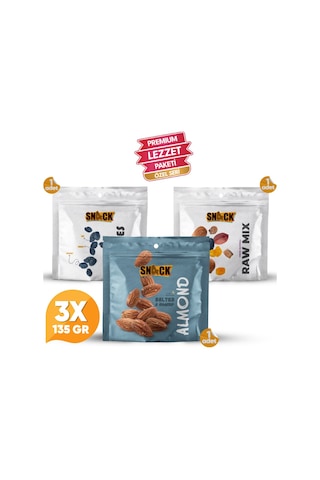 Snack Sağlıklı Atıştırmalık Paketi 3x135 Gr Çiğ Karışım Özbek Kuru Üzüm Kavrulmuş Badem Premium Set 405 Gr 400 G
