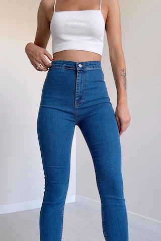 Açık Mavi Yüksek Bel Skinny Fit Jean Likralı Önü Cepsiz Tayt Pantolon Açık Mavi
