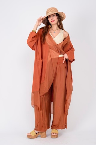 Bohem Stil Italyan Ipek Detaylı Oversize Kap Bluz- Wes Pantolon Takım-8789 Kiremit