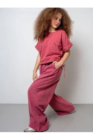 Zekids Kız Çocuk Kemerli Geniş Paça Gabardin Pantolon-15802 Pembe