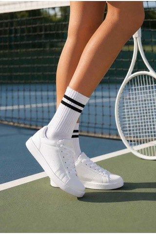 Tenra Ace Kadın Çizgili Tenis Çorabı - Spor Soket Çorap Beyaz