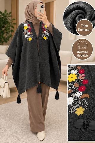 Genel Markalar Novea Scarf Renklı İşlemelı Panço Gri - 938277049 Gri