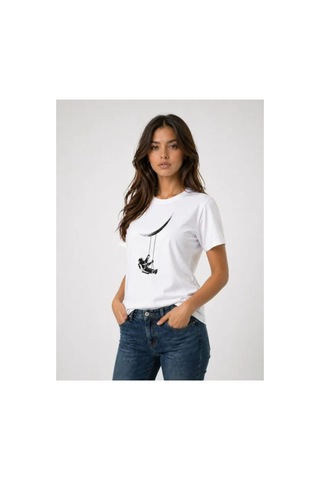 Butik İstanbul Astronot Ay Temalı Tişört Kısa Kol Yazlık Bisiklet Yaka T-shirt - Beyaz