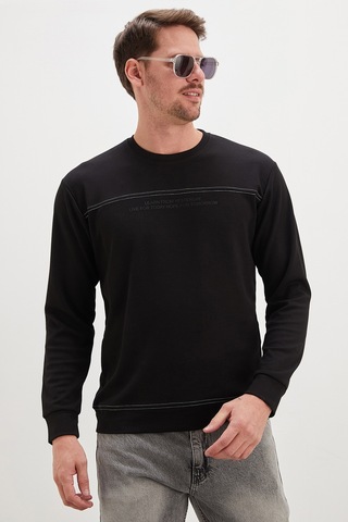 Fullamoda Yazı Baskılı Çimalı Bisiklet Yaka Modal Sweatshirt Siyah