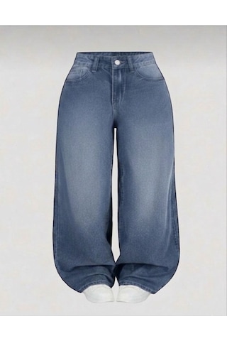 St.poll Eskitme Yıkamalı Unisex Büyük Beden Baggy Jean Pantolon Mavi