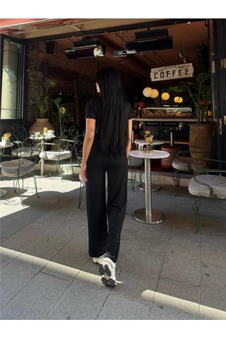 WeShaya Siyah Modal Polyester Palazzo Takım Siyah
