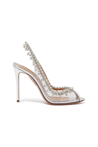 Aquazzura Kristal Taşlı Şeffaf Stiletto Topuklu Sandalet Gümüş