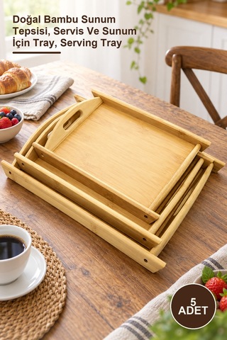 5 Adet Bambu Tepsi Doğal Bambu Sunum Tepsisi, Servis Ve Sunum İçin Tray, Serving Tray