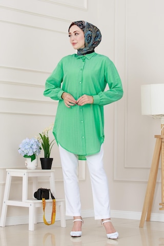 Sevitli Göğüsü Taş Detaylı Oversize Tunik-su Yeşili-5231 Su Yeşili