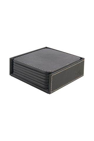 Bardak Altlığı,6 Lı Set,masaüstü Kare Cup Coaster,vegan Suni Deri,11x11 Cm.,siyah