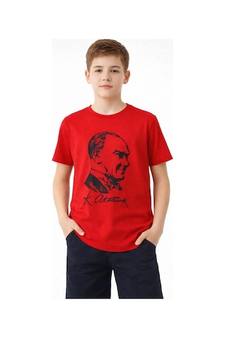 Wear Vexel Erkek Çocuk Atatürk Baskılı Tişört Kısa Kollu Bisiklet Yaka T-shirt - Kırmızı Çok Renkli