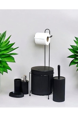6 Parça Banyo Seti Metal Stantlı, Çöp Kovalı, Wc Kağıtlık, Tuvalet Fırçası, Katı Ve Sıvı Sabunluklu Siya Çok Renkli