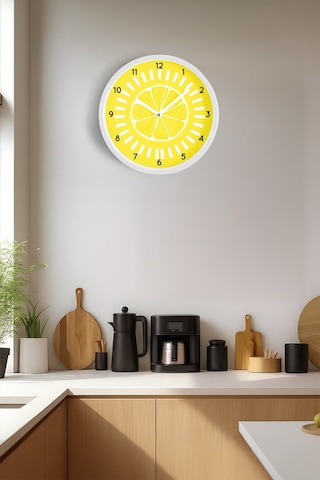 Soyut Limon Modern Tasarım Mutfak Duvar Saati - 42cm - Önü Camlı Beyaz Kasa - Sessiz Mekanizma Beyaz