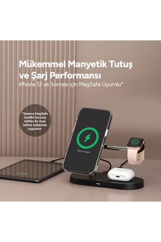 Ttec Aircharger Quattro M Magsafe Uyumlu iPhone - Apple Watch - Airpods LED Kablosuz Hızlı Şarj Standı Siyah