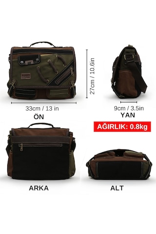 Cappadocia Vintage 4017 Haki Kahve 14" Laptop Pamuk Gabardin Postacı Okul Çantası Unisex Kilitli Çok Cepli Omuz Askılı Haki - Kahverengi