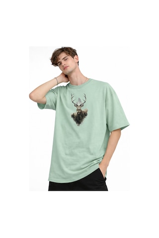 Misa Tahtakale Deer - Oversize Erkek Tişört Su Yesılı Çok Renkli